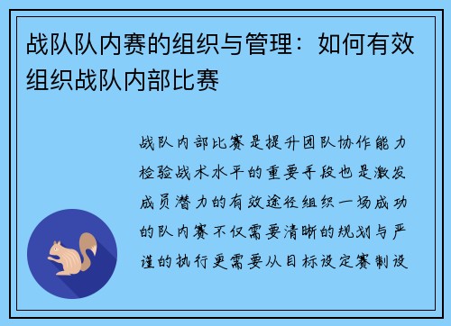 战队队内赛的组织与管理:如何有效组织战队内部比赛
