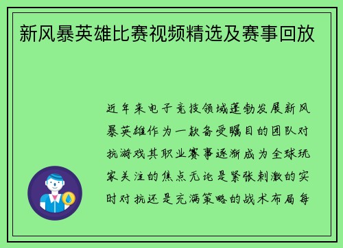 新风暴英雄比赛视频精选及赛事回放